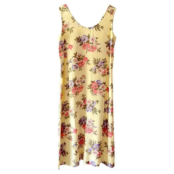 90’s Y2K Pastel Yellow Floral Hibiscus Summer Midi Sheath Tank Sun Dress Size L - Picture 2 of 5